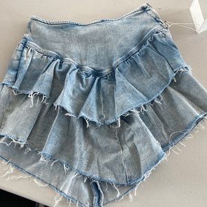 Mother denim skirt. Ruffle mini raw edge skirt.